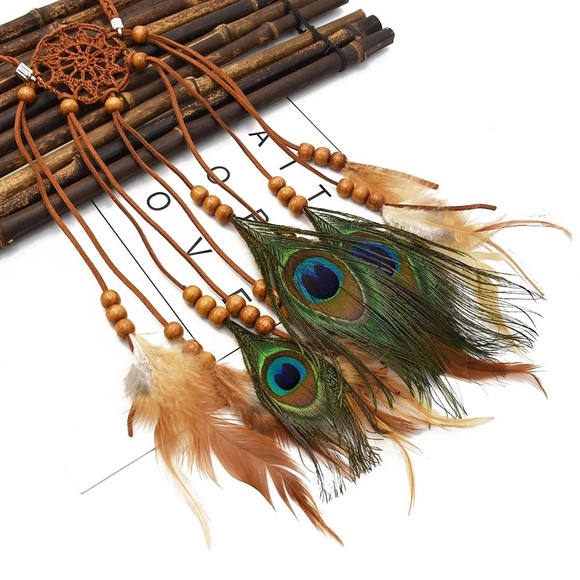 Boho Peacock/Brown Feather Dreamcatcher Headdress - Picture 2 of 14